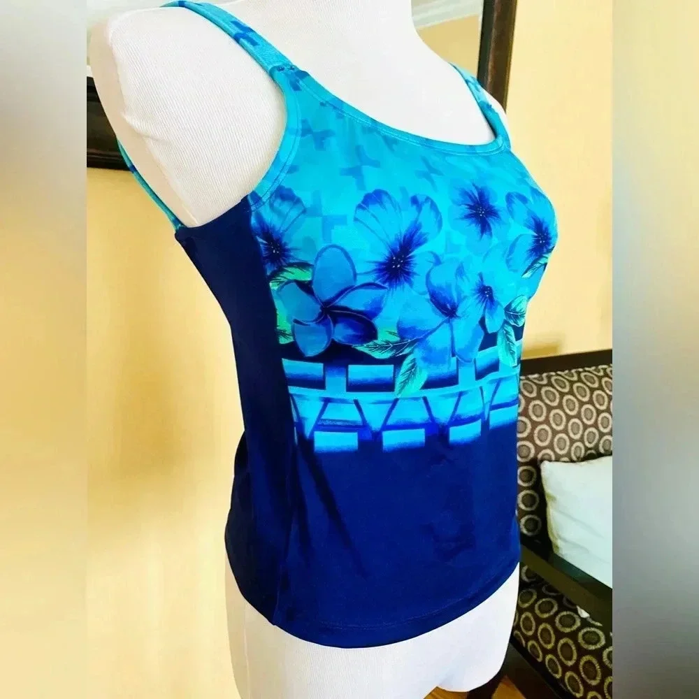 Speedo Aqua Blue Floral Tankini Top High Performance Size 10/8